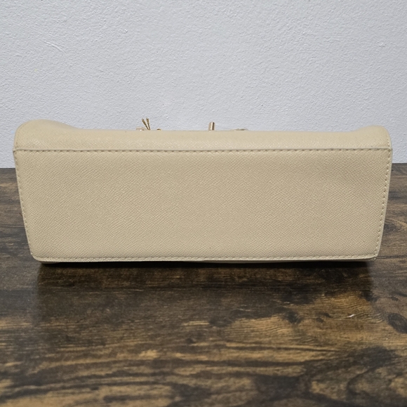 Bebe Evie Small Satchel Beige Gold Faux Leather Top Handles Crossbody Purse Bag - Picture 3 of 11